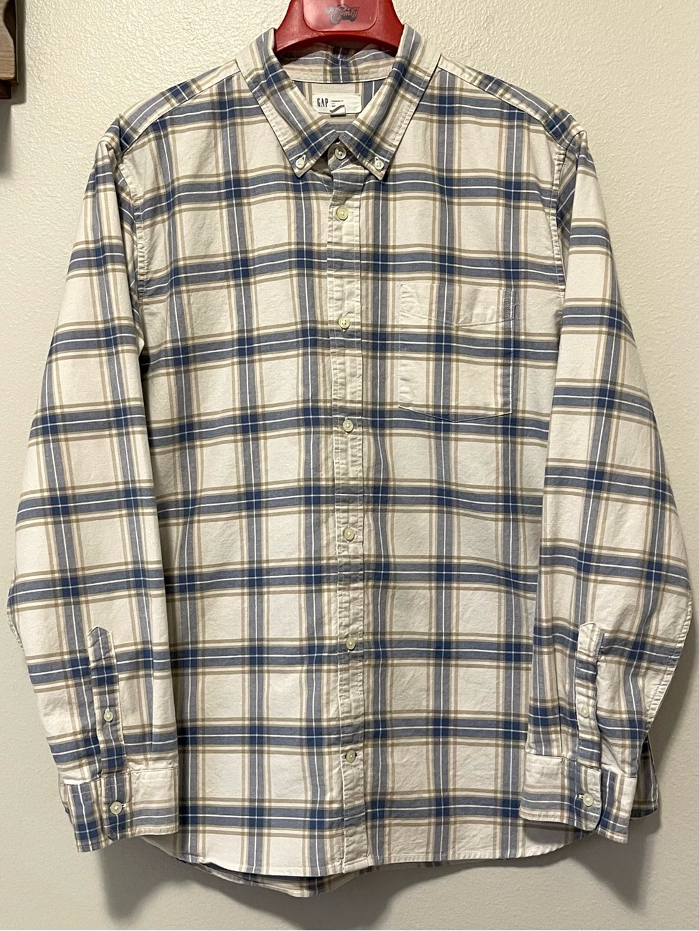 GAP Standard Fit Plaid - Navy & Khaki Oxford Weave - Size XL